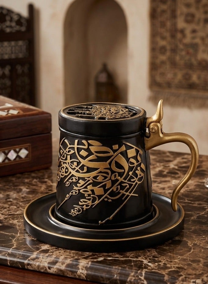 Luxury Arabic Mabkhara Mug, Ceramic Oud and Bakhoor Charcoal Incense Burner, Matte Black and Gold Resin Finished Design with Protective Base Plate - Image 2