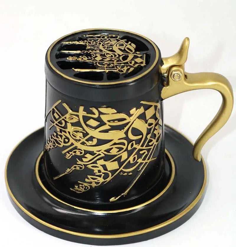 Luxury Arabic Mabkhara Mug, Ceramic Oud and Bakhoor Charcoal Incense Burner, Matte Black and Gold Resin Finished Design with Protective Base Plate - Image 1