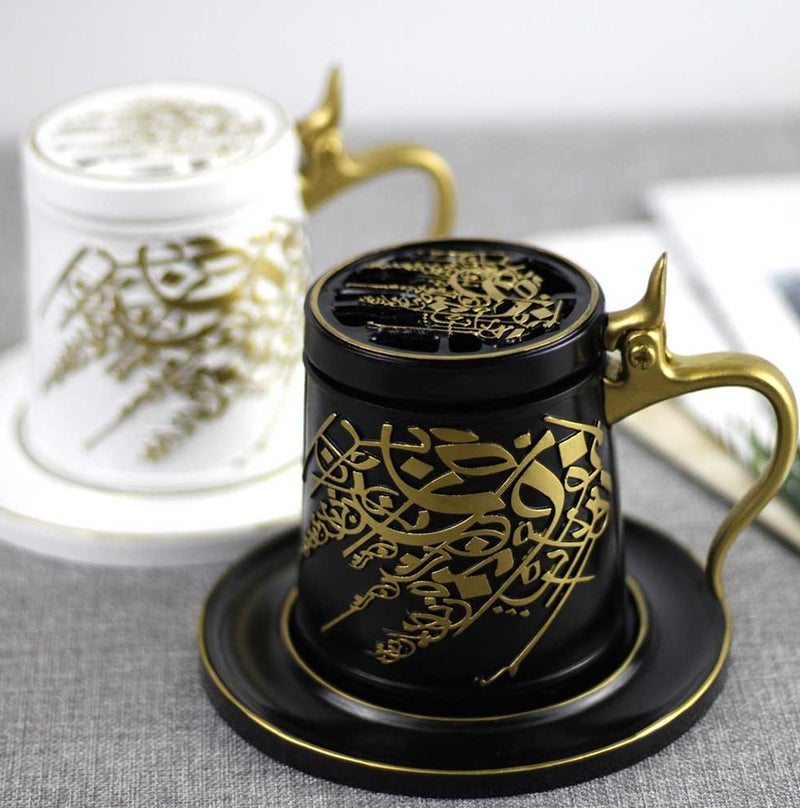 Luxury Arabic Mabkhara Mug, Ceramic Oud and Bakhoor Charcoal Incense Burner, Matte Black and Gold Resin Finished Design with Protective Base Plate - Image 3
