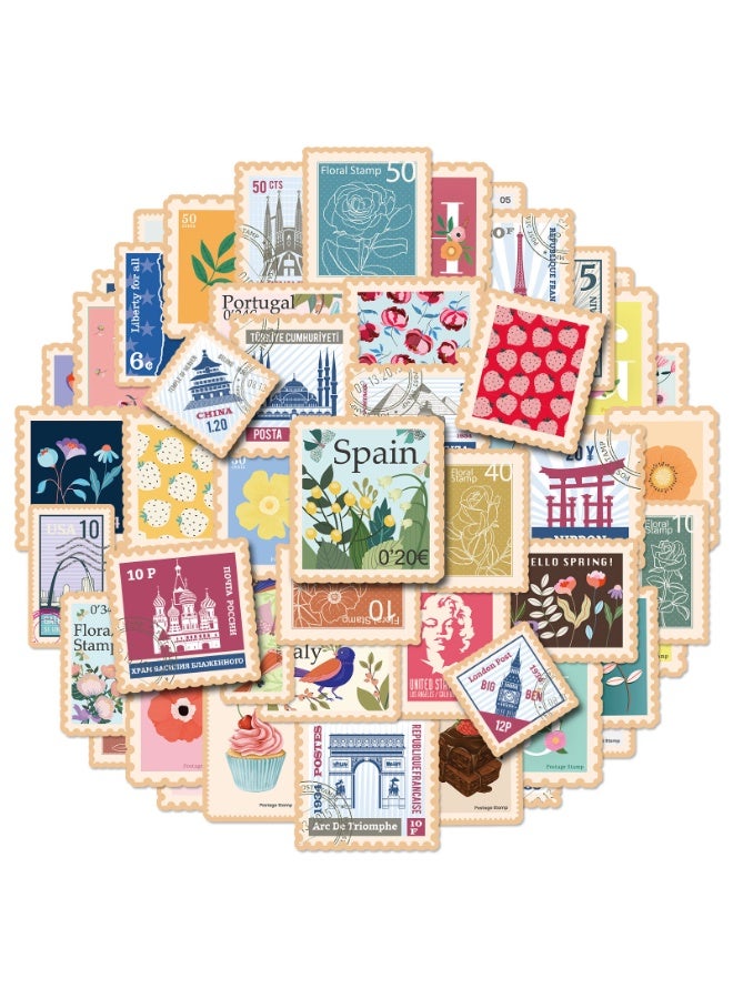 NIBEMINENT 50 Pcs Retro Stamps Deco Kit Waterproof Stickers, High Definition Printing Bright Colors, Suitable for Laptop Skateboard Luggage Water Bottle Guitar DIY  - Image 1