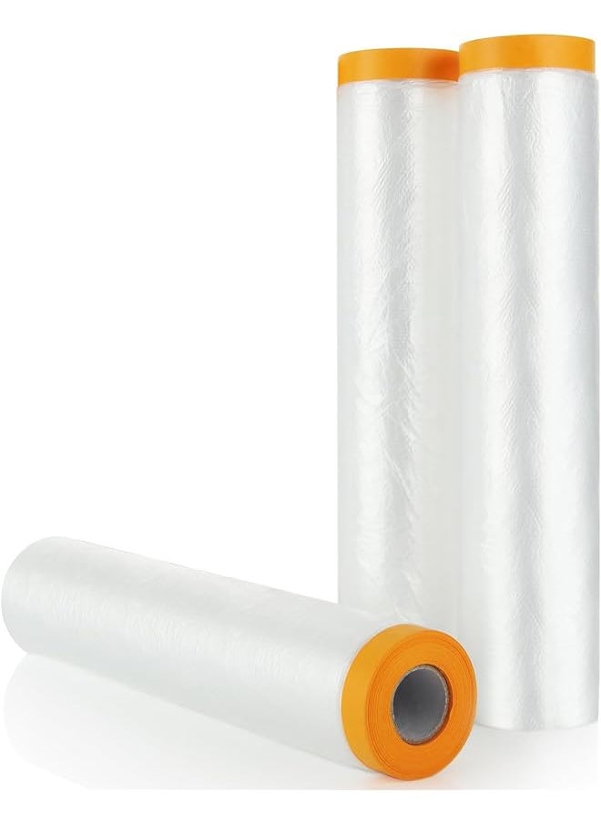PROMASS - promass Pre-Taped Masking Film, 3 Rolls 4mx20m Waterproof Protective Masking Film, Dust Plastic Masking Film Rolls, Pre-Taped Plastic Drop Film for Car, Painting, Furniture Covering - Image 1