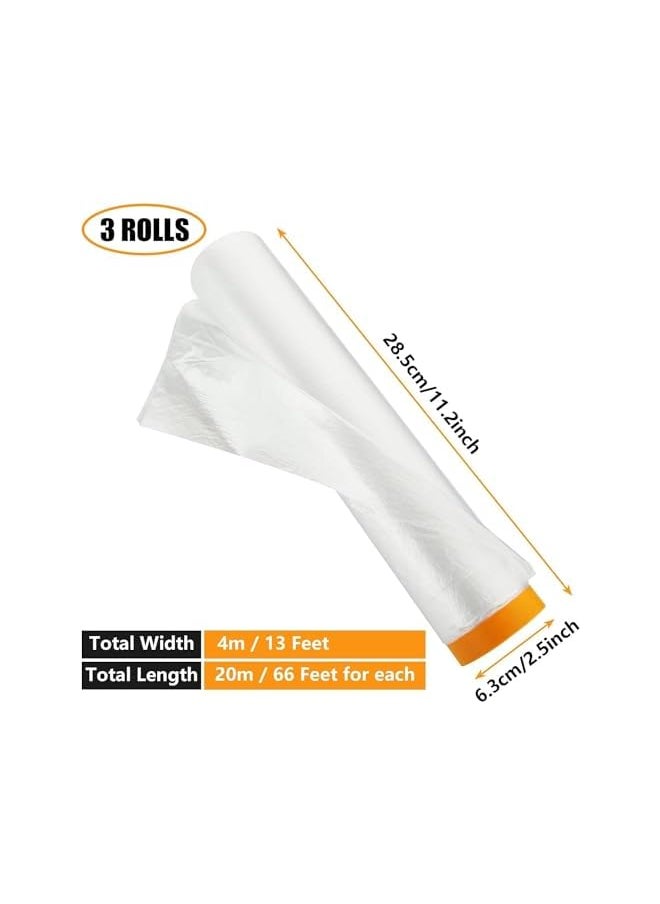 PROMASS - promass Pre-Taped Masking Film, 3 Rolls 4mx20m Waterproof Protective Masking Film, Dust Plastic Masking Film Rolls, Pre-Taped Plastic Drop Film for Car, Painting, Furniture Covering - Image 1