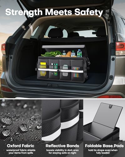 HOTOR Car Trunk Organizer - Foldable Trunk Organizer for SUV, Car Storage with Reflective Strips & Securing Cover, Large Capacity Car Accessories for Truck, Van & Sedan, Black, 24.4" x 13.8" x 11.0" - Image 4