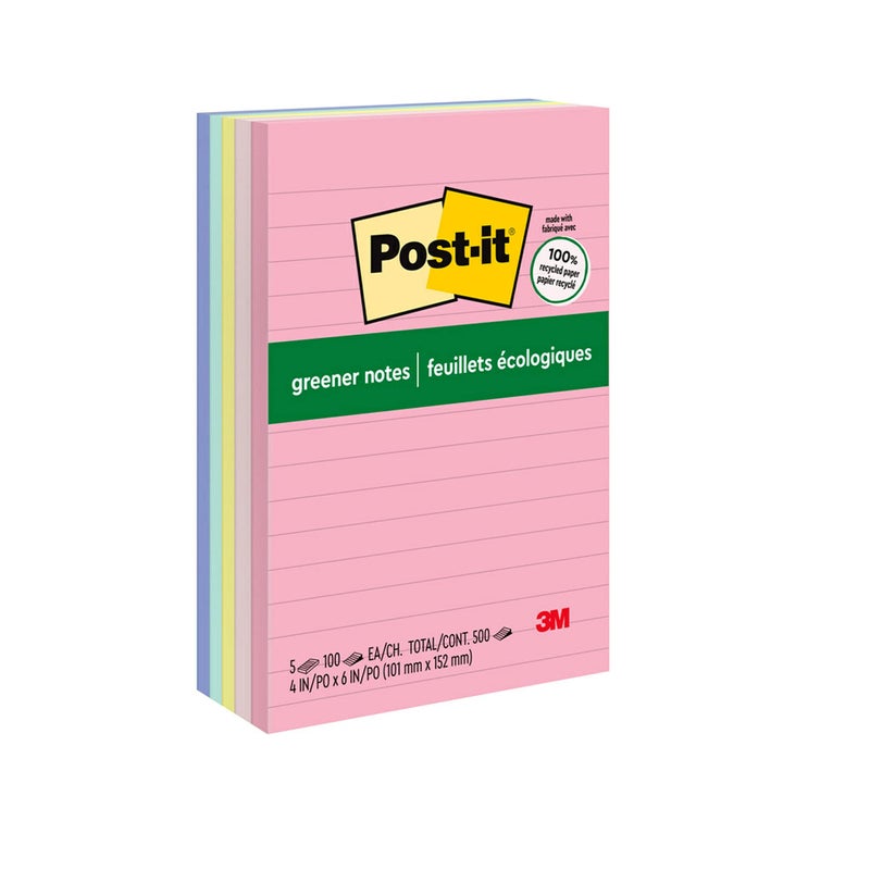 Post-it Greener Notes, 4x6 in, 5 Pads, America's #1 Favorite Sticky Notes, Sweet Sprinkles Collection, Pastel Colors, Clean Removal, 100% Recycled Material (660-RP-A) - Image 1