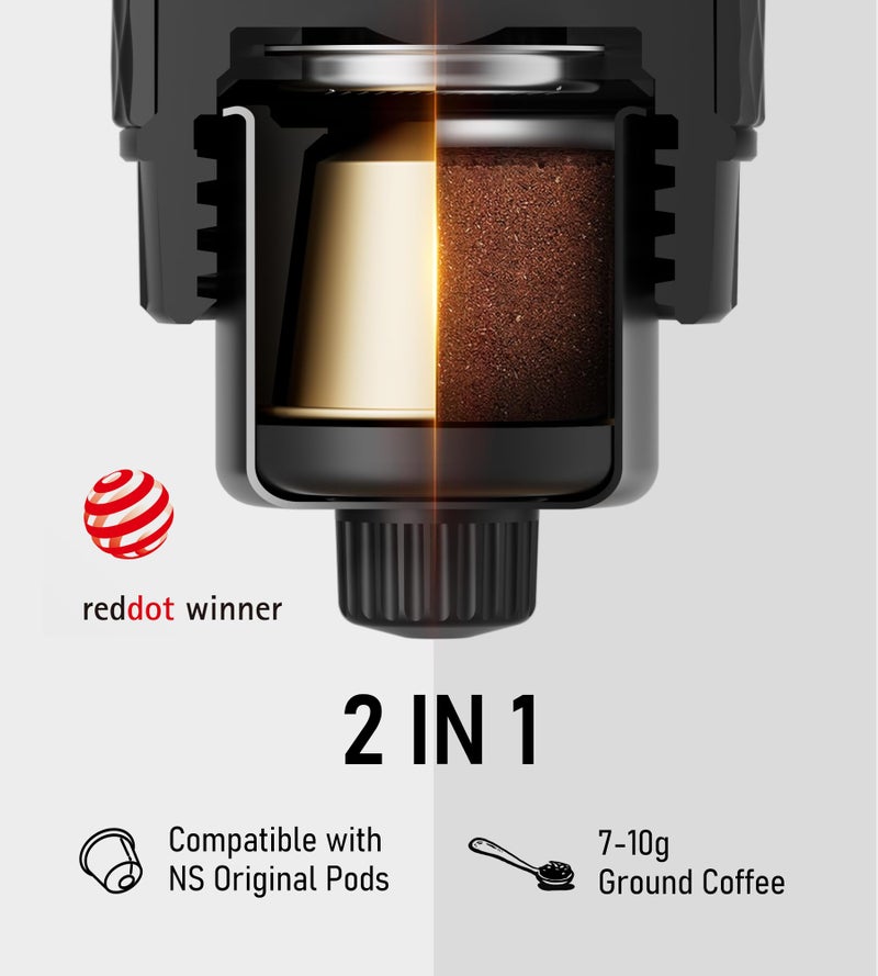 STARESSO Classic Portable Espresso Maker, 2 IN 1 Travel Coffee Maker Compatible Ground Coffee & NS Original Pods, Espresso Machine with Stainless Steel Chamber for Travel Camping, Manually Operated - Image 2