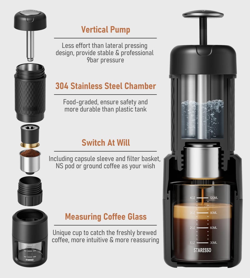STARESSO Classic Portable Espresso Maker, 2 IN 1 Travel Coffee Maker Compatible Ground Coffee & NS Original Pods, Espresso Machine with Stainless Steel Chamber for Travel Camping, Manually Operated - Image 4
