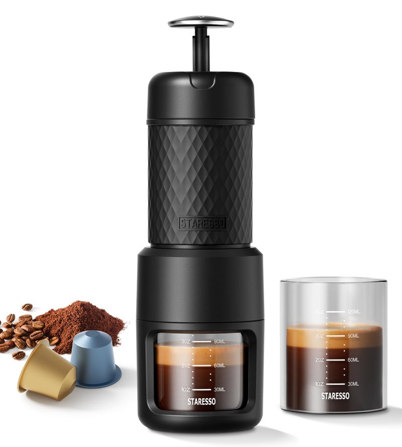 STARESSO Classic Portable Espresso Maker, 2 IN 1 Travel Coffee Maker Compatible Ground Coffee & NS Original Pods, Espresso Machine with Stainless Steel Chamber for Travel Camping, Manually Operated - Image 1