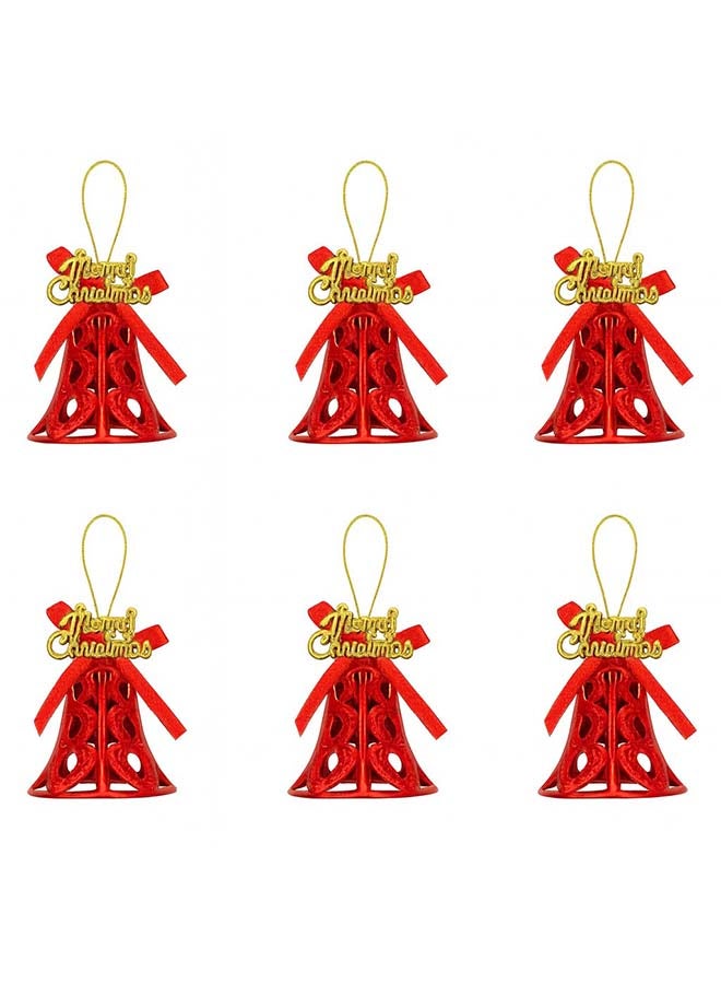 6pc Red Bell-Shaped Christmas Tree Hanging Ornaments with “Merry Christmas” Topper and Ribbon Bow - Image 1