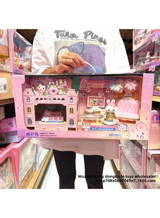 Yasi Weini Rabbit Rabbit Big Castle Villa Living Room Bedroom Bunk Bed Girl Play House Children's Toys-Color:6397-80 Fun Bunk Bed - Image 1