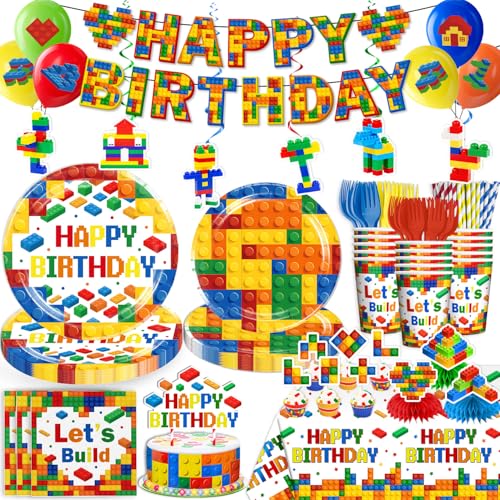Yingoto Building Block Birthday Party Supplies Complete 198Piece Set with 300GSM Thick Paper Plates Waterproof Tablecloth EcoFriendly Straws for Boys Girls Birthday Serves 25 Guests - Image 1