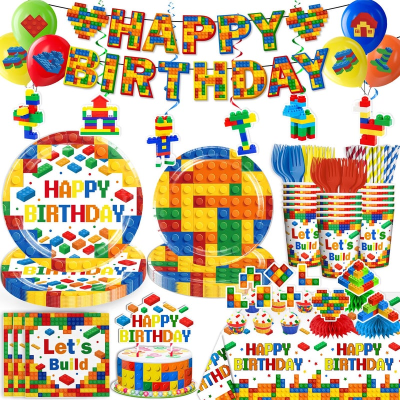 Yingoto Building Block Birthday Party Supplies Complete 198Piece Set with 300GSM Thick Paper Plates Waterproof Tablecloth EcoFriendly Straws for Boys Girls Birthday Serves 25 Guests - Image 2