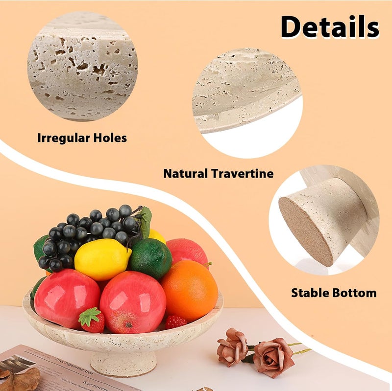 OwnMy وعاء فواكه طبيعي من أون ماي من الترافرتين للمطبخ 10 بوصة وعاء فواكه كبير من الحجر وعاء فواكه زخرفي لسطح المطبخ حامل فواكه ترافرتين عتيق لطاولة الطعام وزينة المنزل - Image 5