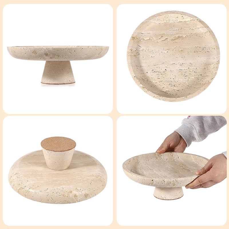 OwnMy وعاء فواكه طبيعي من أون ماي من الترافرتين للمطبخ 10 بوصة وعاء فواكه كبير من الحجر وعاء فواكه زخرفي لسطح المطبخ حامل فواكه ترافرتين عتيق لطاولة الطعام وزينة المنزل - Image 4