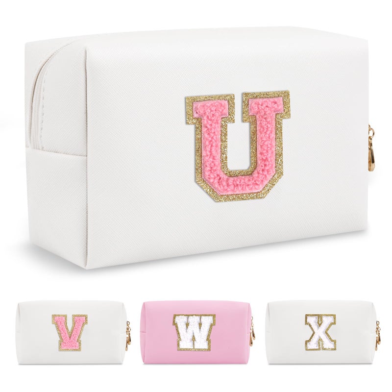 ChaoGreat Personalized Makeup Bag Initial A-Z Preppy Patch Bag,Small PU Leather Travel Cosmetic Bag Pouch with Zipper,White Cute Toiletry Bag,Gift Ideal for Teen Girls Women Birthday Friend Mom,Letter U - Image 1