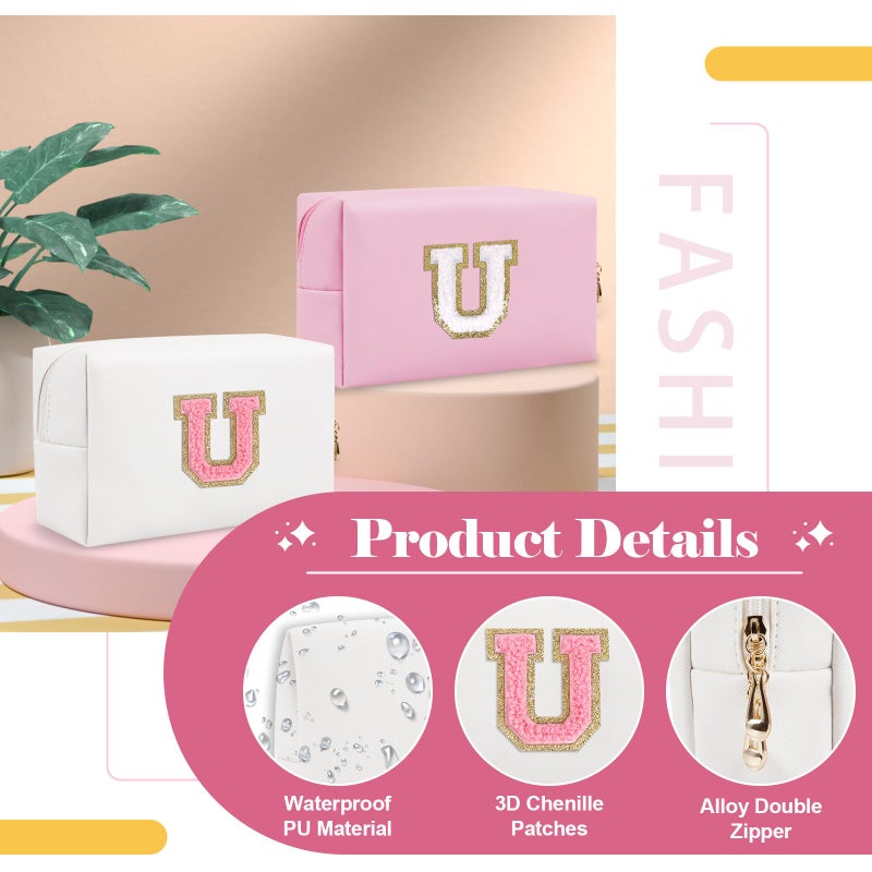 ChaoGreat Personalized Makeup Bag Initial A-Z Preppy Patch Bag,Small PU Leather Travel Cosmetic Bag Pouch with Zipper,White Cute Toiletry Bag,Gift Ideal for Teen Girls Women Birthday Friend Mom,Letter U - Image 3