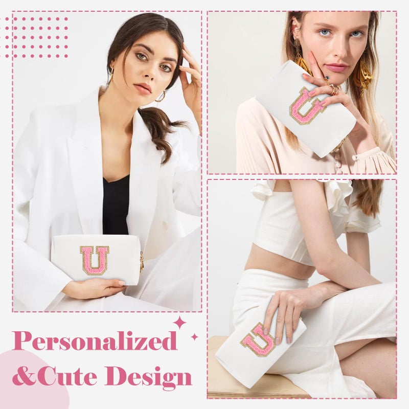 ChaoGreat Personalized Makeup Bag Initial A-Z Preppy Patch Bag,Small PU Leather Travel Cosmetic Bag Pouch with Zipper,White Cute Toiletry Bag,Gift Ideal for Teen Girls Women Birthday Friend Mom,Letter U - Image 4