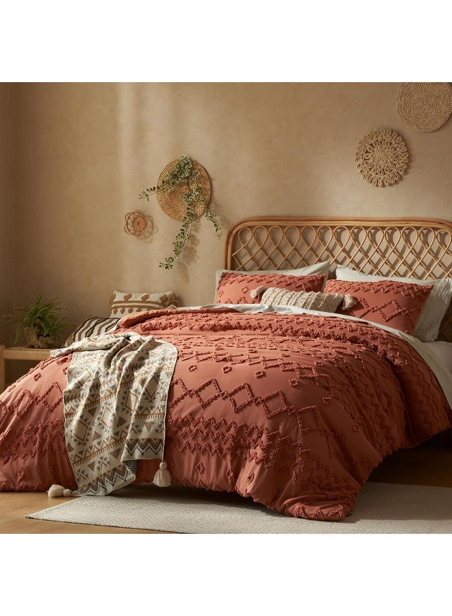 HIMEET Tufted Boho Comforter Sets - Terracotta Boho Comforter Set King, 3 Pieces Farmhouse King Size Comforter Set for All Seasons, Bedding Set with Comforter & 2 Pillow Shams  - Image 1
