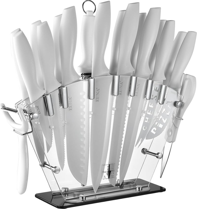 EUNA Knife Block Set, 19 PCS White Kitchen Knife Set with Acrylic Block and Sharpener, German High-Carbon Stainless Steel Knife Sets with 6 Serrated Steak Knives, Chef Knife, Dishwasher Safe - Image 1
