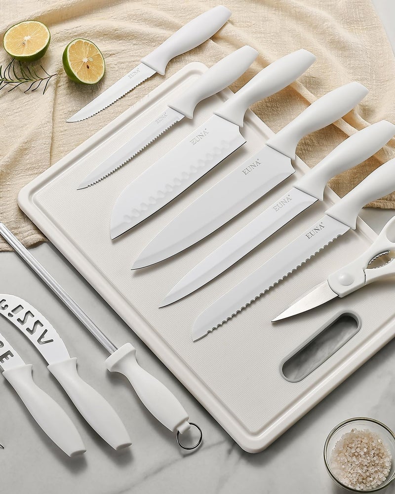 EUNA Knife Block Set, 19 PCS White Kitchen Knife Set with Acrylic Block and Sharpener, German High-Carbon Stainless Steel Knife Sets with 6 Serrated Steak Knives, Chef Knife, Dishwasher Safe - Image 2