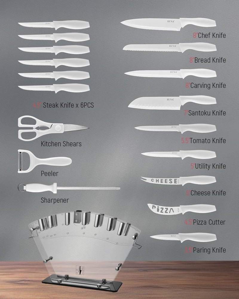 EUNA Knife Block Set, 19 PCS White Kitchen Knife Set with Acrylic Block and Sharpener, German High-Carbon Stainless Steel Knife Sets with 6 Serrated Steak Knives, Chef Knife, Dishwasher Safe - Image 3