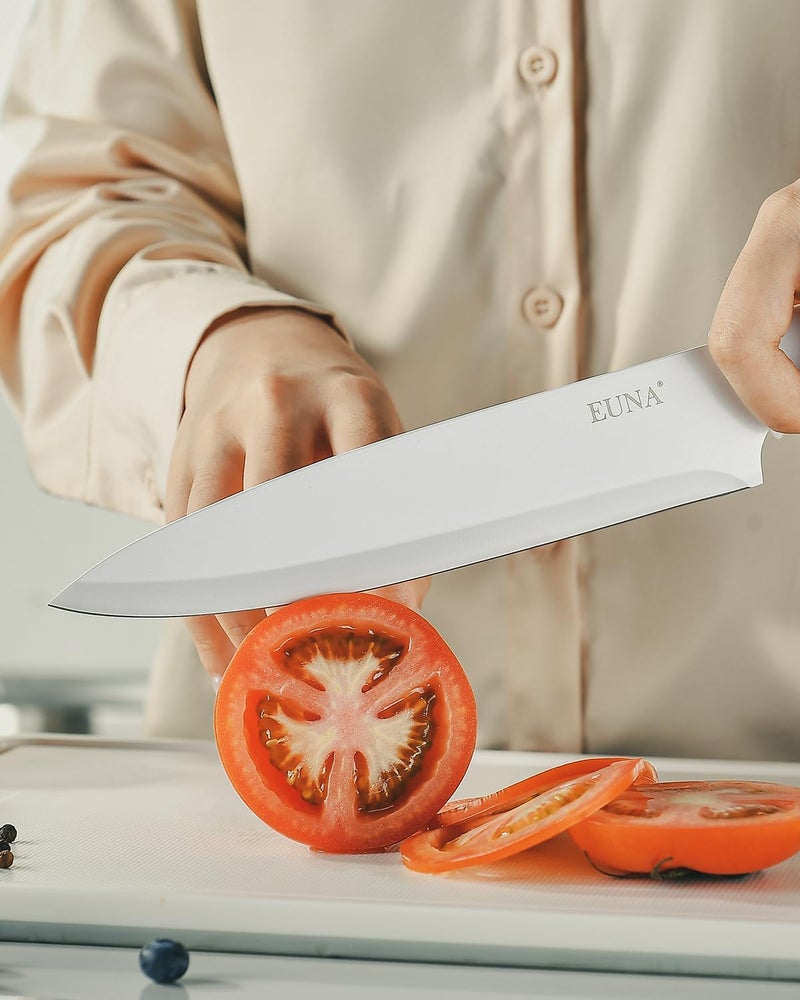 EUNA Knife Block Set, 19 PCS White Kitchen Knife Set with Acrylic Block and Sharpener, German High-Carbon Stainless Steel Knife Sets with 6 Serrated Steak Knives, Chef Knife, Dishwasher Safe - Image 4