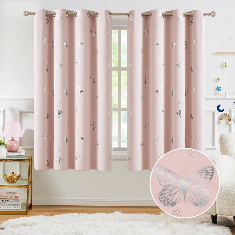 Jubilantex Pink Silver Butterfly Blackout Curtains Metallic 63"" Long for Bedroom Nursery Thermal Insulated Window Curtains Grommet 52"" Wide 2 Panels - Image 1