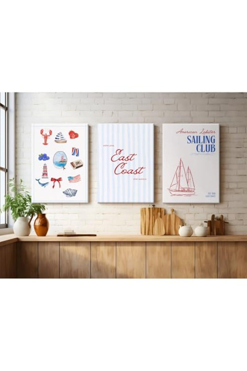 Baccone Coastal Wall Art Preppy Aesthetic Wall Decor Trendy East Coast Wall Art Watercolor Sailboat Prints Vintage Beach Pictures Coastal Poster for Living Room Bedroom 16x24 Inch Framed Set of 3 - Image 4