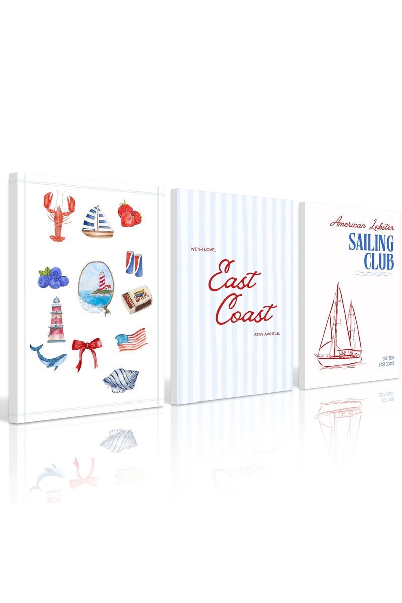 Baccone Coastal Wall Art Preppy Aesthetic Wall Decor Trendy East Coast Wall Art Watercolor Sailboat Prints Vintage Beach Pictures Coastal Poster for Living Room Bedroom 16x24 Inch Framed Set of 3 - Image 1