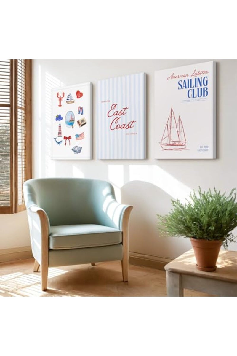 Baccone Coastal Wall Art Preppy Aesthetic Wall Decor Trendy East Coast Wall Art Watercolor Sailboat Prints Vintage Beach Pictures Coastal Poster for Living Room Bedroom 16x24 Inch Framed Set of 3 - Image 5