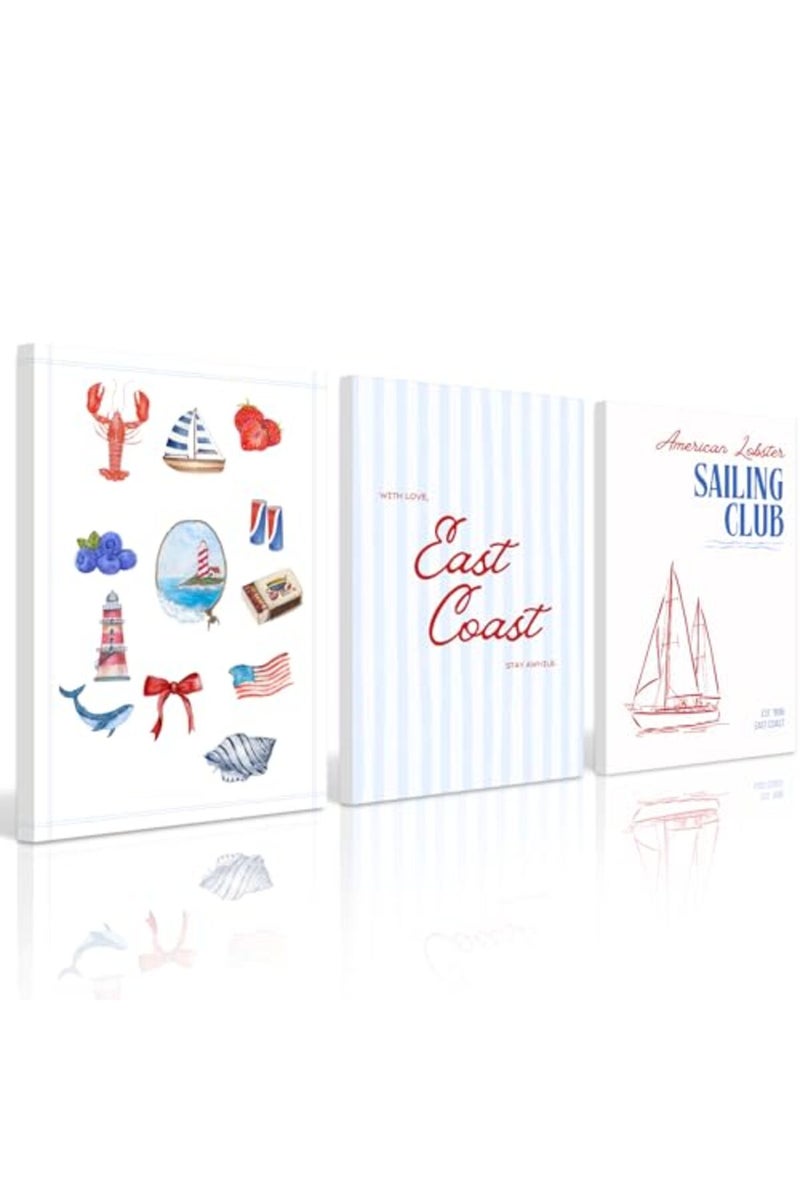 Baccone Coastal Wall Art Preppy Aesthetic Wall Decor Trendy East Coast Wall Art Watercolor Sailboat Prints Vintage Beach Pictures Coastal Poster for Living Room Bedroom 16x24 Inch Framed Set of 3 - Image 2
