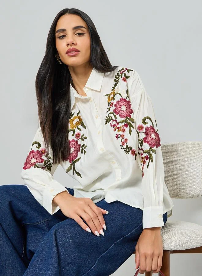 Off White Floral Embroidered Shirt
