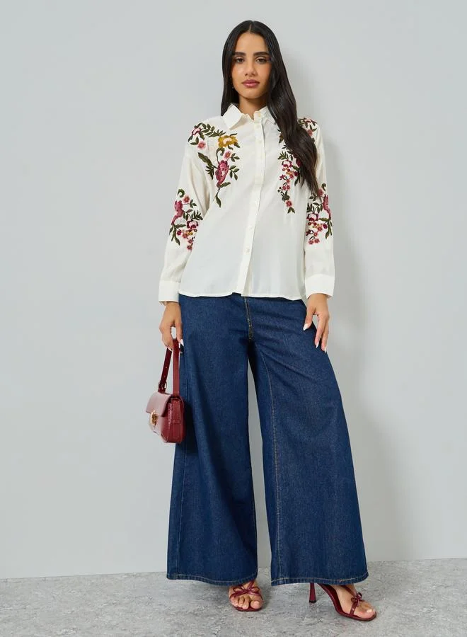 Off White Floral Embroidered Shirt