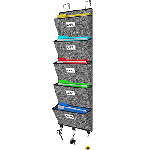 Homyfort Over the Door File Organizer, Hanging Wall File Folders with 5 Large Pockets for Papers, Charts, Mails, Magazine, Office and Back To Supplies Storage and Organization (Black) - Image 1