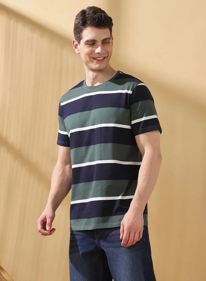 دينيس لينغو تيشيرت رجالي قطن أخضر مخطط بقصة عادية