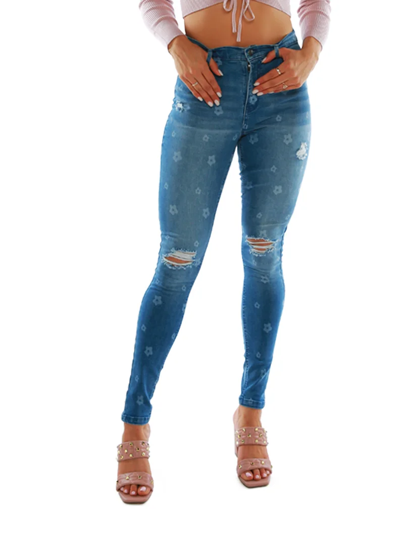 London Rag Printed Ripped Slim Fit Blue Denim Pants