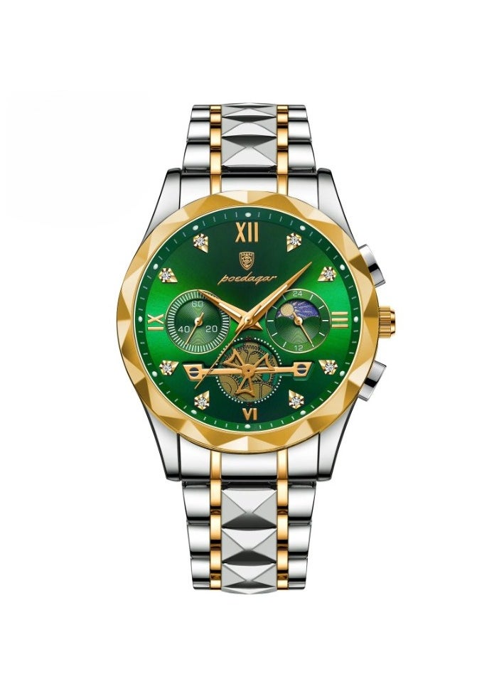 POEDAGAR Luxury Men Wristwatch, Classic And Fashionable Quartz Watch, Waterproof Luminous Chronograph Watch, Business Style Stainless Steel Wrist Watch For Men, (Gold Green)  - Image 1