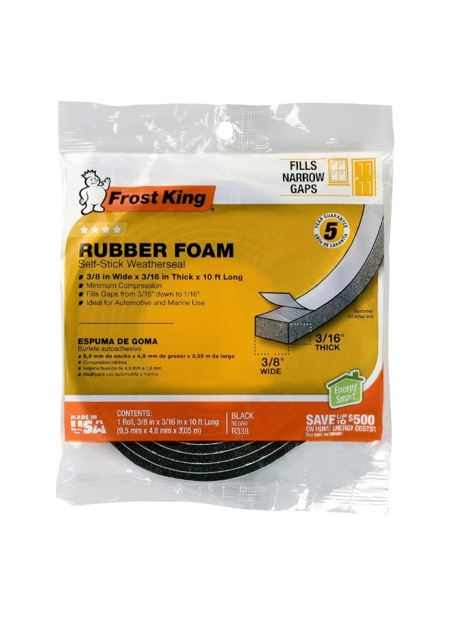 Frost King Rubber Foam Self-Stick Weatherseal Tape Black 3/8 Inch x 10 ft R338H - Image 1