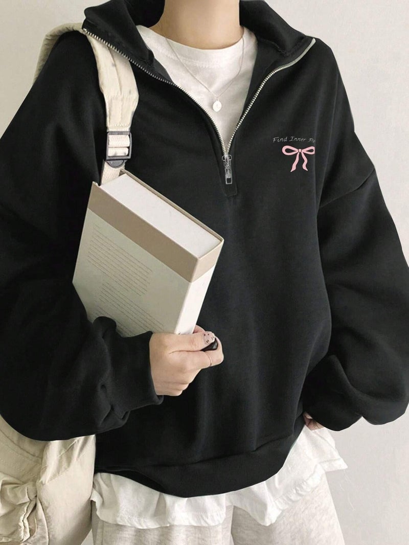SXV STYLE Women's Half Zip Sweatshirt with Bow, Find Inner Peace, Long Sleeve Pullover, Casual Oversized Fit (in, Alpha, M, Black) - Image 2