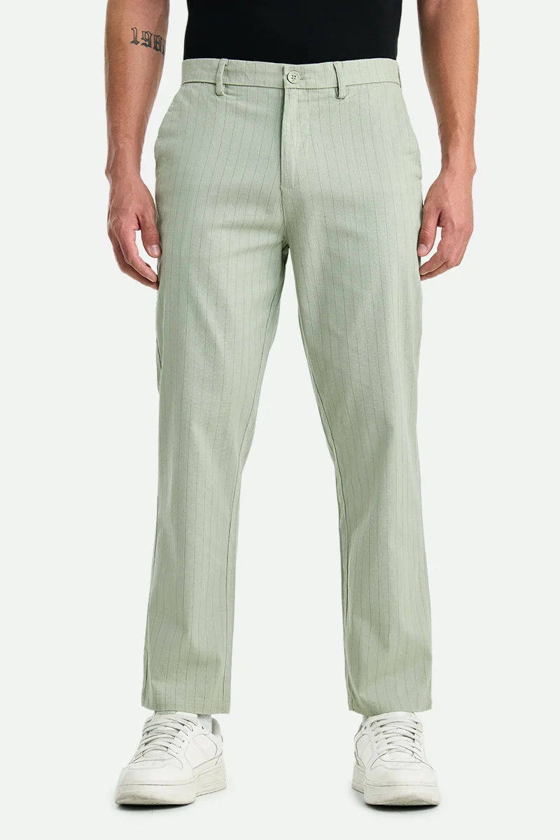 SNITCH Sage Green Striped Relaxed Formal Trousers
