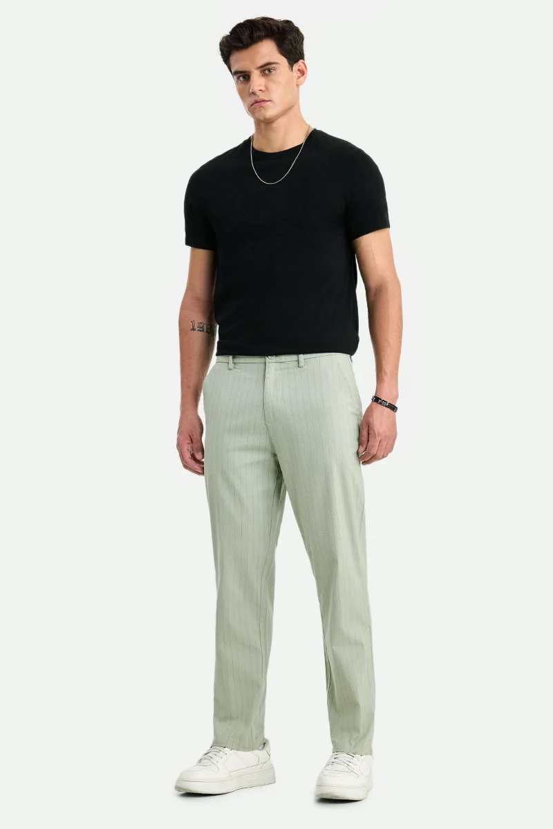 SNITCH Sage Green Striped Relaxed Formal Trousers