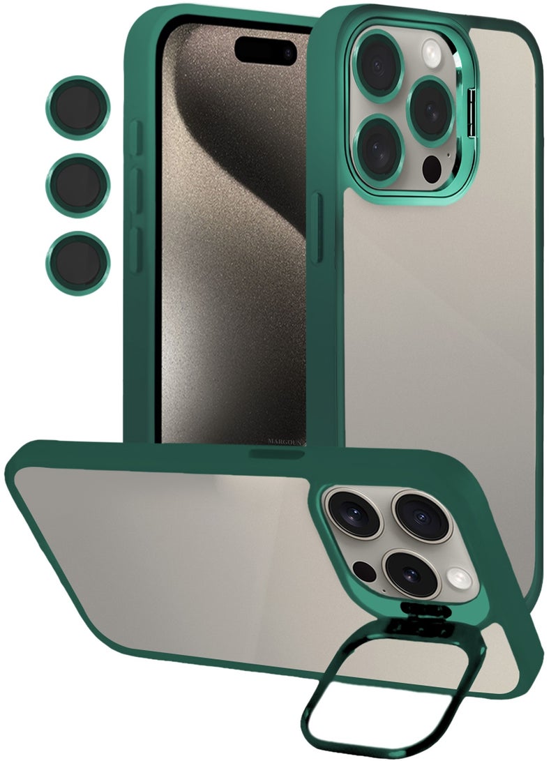 CATANES Transparent Case Cover with Flip Bracket Stand for iPhone 15 Pro – Shockproof Clear Back Cover with Lens Protection - Green - Image 4