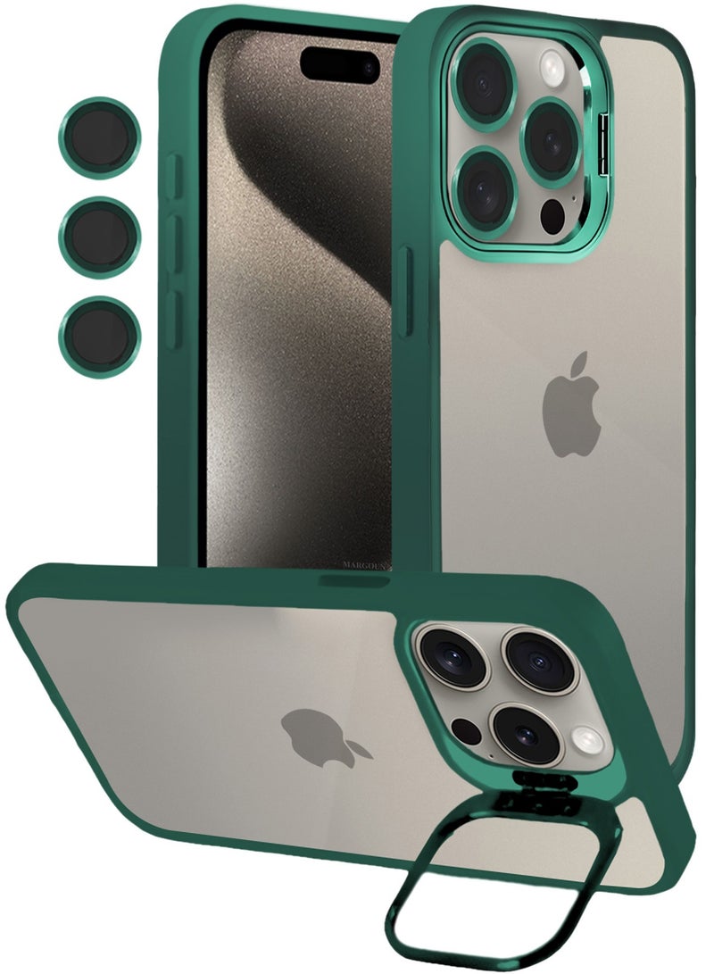 CATANES Transparent Case Cover with Flip Bracket Stand for iPhone 15 Pro – Shockproof Clear Back Cover with Lens Protection - Green - Image 1