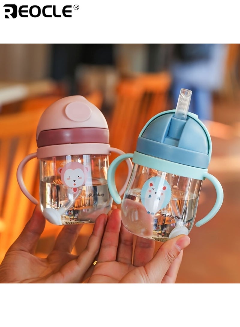 REOCLE 300ML Baby Training Cups with Straw Ergonomic Handle Cartoon Animal Print Kids Drinking Mug Leak-Proof School Water Bottle Easy to Wash Lightweight for School Daycare Travel - Image 2