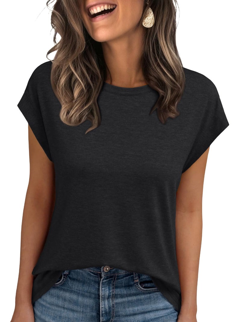 AUTOMET Women's Cap Sleeve Tops for Summer - Soft Stretchy Versatile Shirts for Office Casual Date Everyday Wear Black L - Image 1