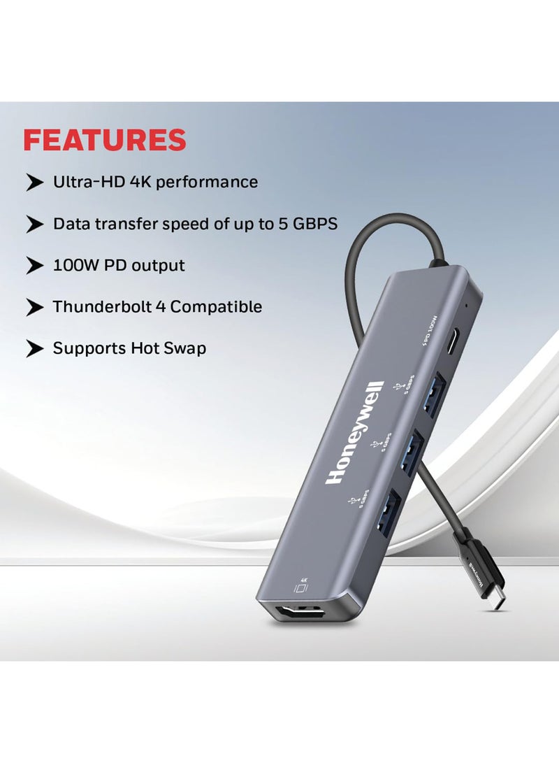 هوني ويل محطة إرساء من نوع C 5 في 1 مع محور USB ومنفذ HDMI 4K و 3 منافذ USB 3.0 ومنفذ Type C 3.0 PD 100W لجميع أجهزة Type C ميزة التنقل رمادي - Image 2