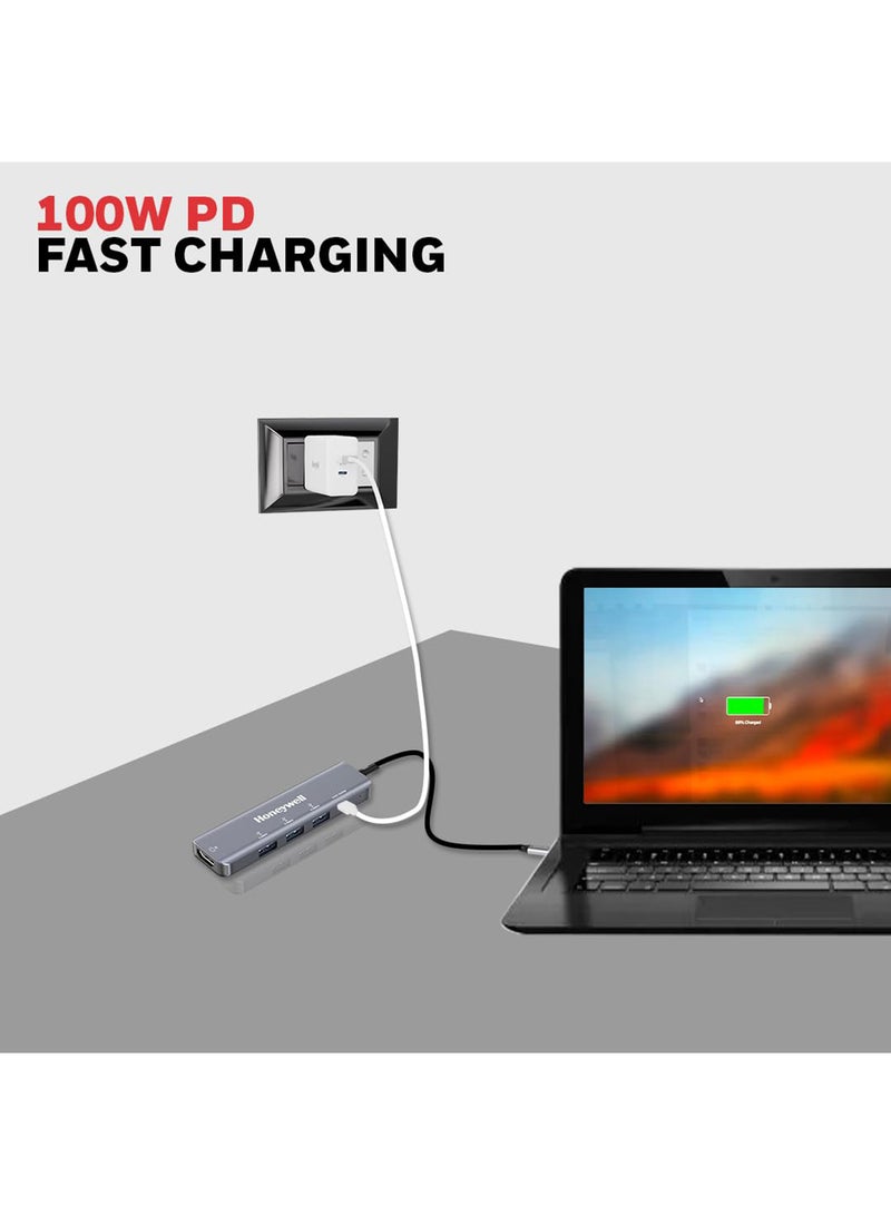 هوني ويل محطة إرساء من نوع C 5 في 1 مع محور USB ومنفذ HDMI 4K و 3 منافذ USB 3.0 ومنفذ Type C 3.0 PD 100W لجميع أجهزة Type C ميزة التنقل رمادي - Image 5