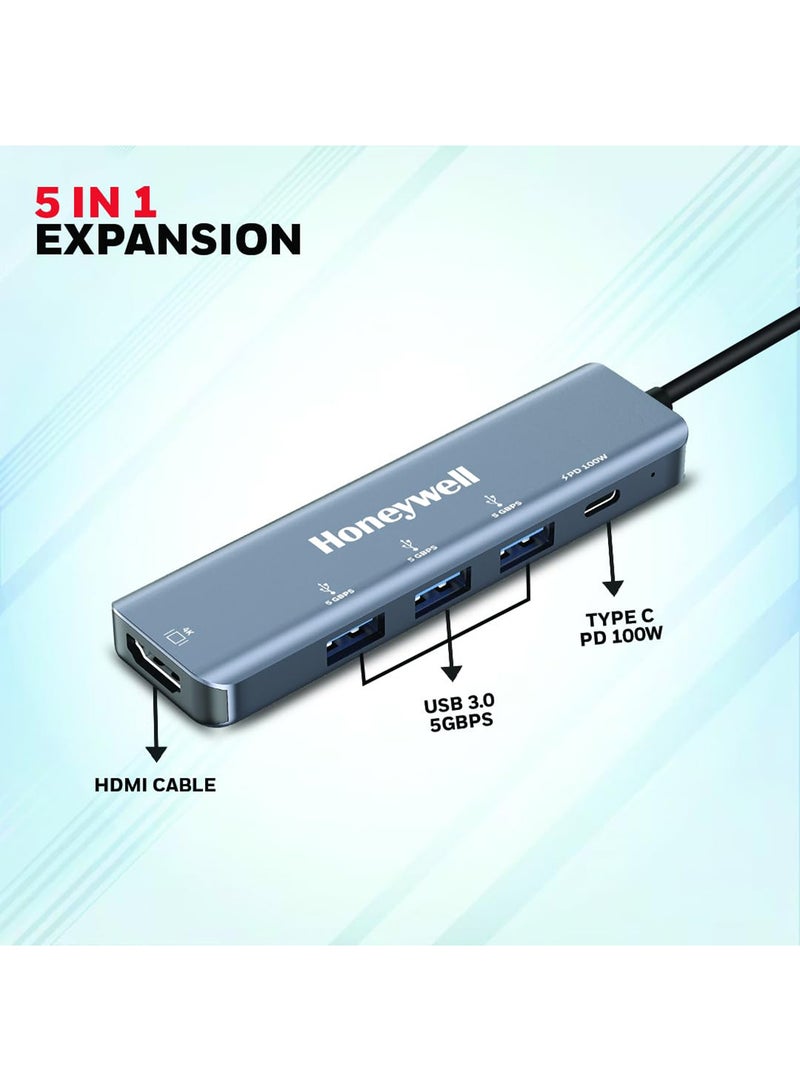 هوني ويل محطة إرساء من نوع C 5 في 1 مع محور USB ومنفذ HDMI 4K و 3 منافذ USB 3.0 ومنفذ Type C 3.0 PD 100W لجميع أجهزة Type C ميزة التنقل رمادي - Image 3