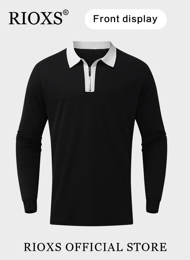 RIOXS Men's Slim-fit Polo Shirt, Basic Long Sleeve T-Shirt, Comfy Breathable Shirt, Classic Tops with Zipper Closure, Reliable Option for Any Man Seeking Comfort without Compromising on Style  - Image 2