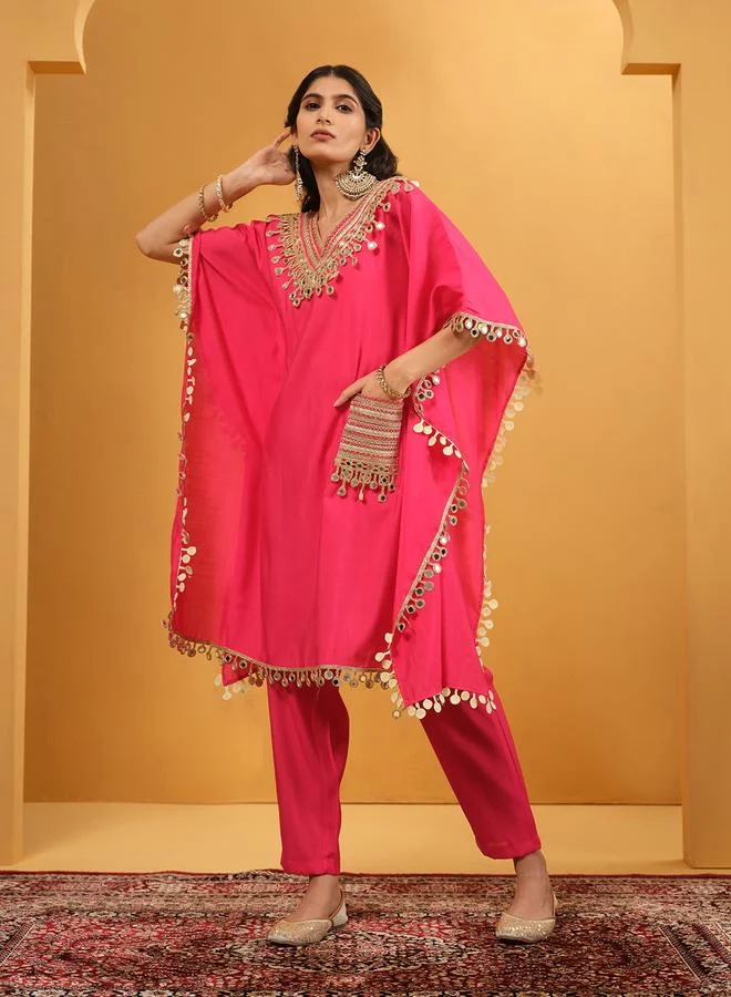 ISHIN Women's Pink Roman Silk Embellished A-Line Kaftan Upperwear Knee Length Palazzo Bottomwear Flowy 2 Peice Kurta Set