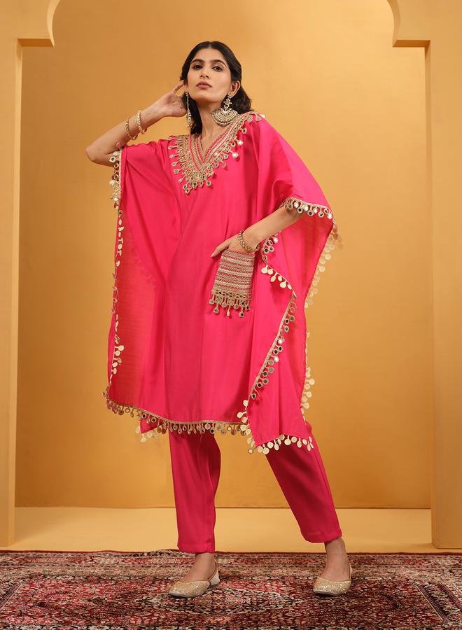 ISHIN Women's Pink Roman Silk Embellished A-Line Kaftan Upperwear Knee Length Palazzo Bottomwear Flowy 2 Peice Kurta Set - Image 3